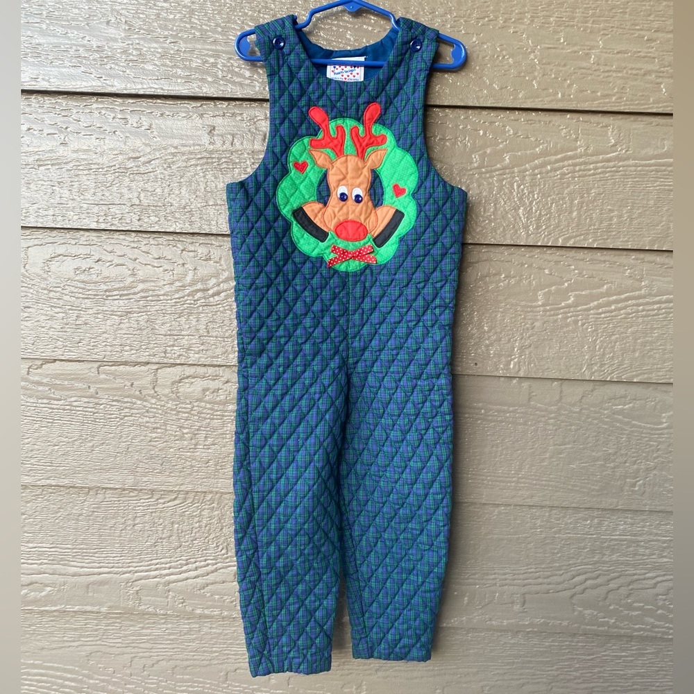 Hearts Designs Vintage Quilted Reindeer Overalls Kids 5 blue girls boys